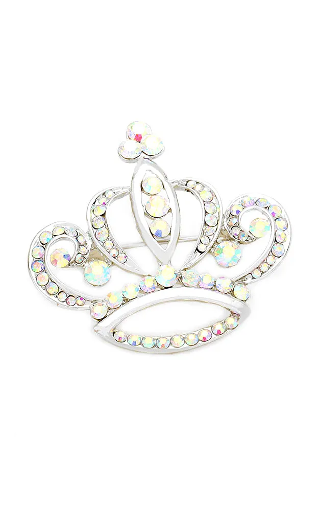 06621 Silver AB Crystal Stone Lined Crown Brooch