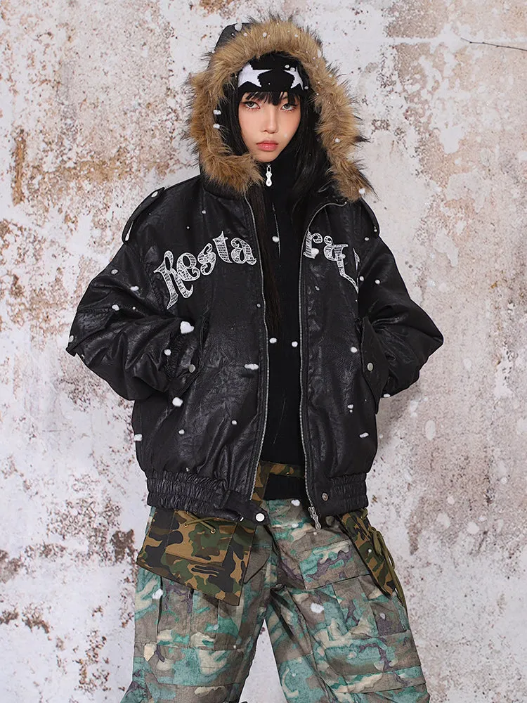 【24s Nov.】Fur Collar Leather Hooded Lace Lettering Cotton Jacket