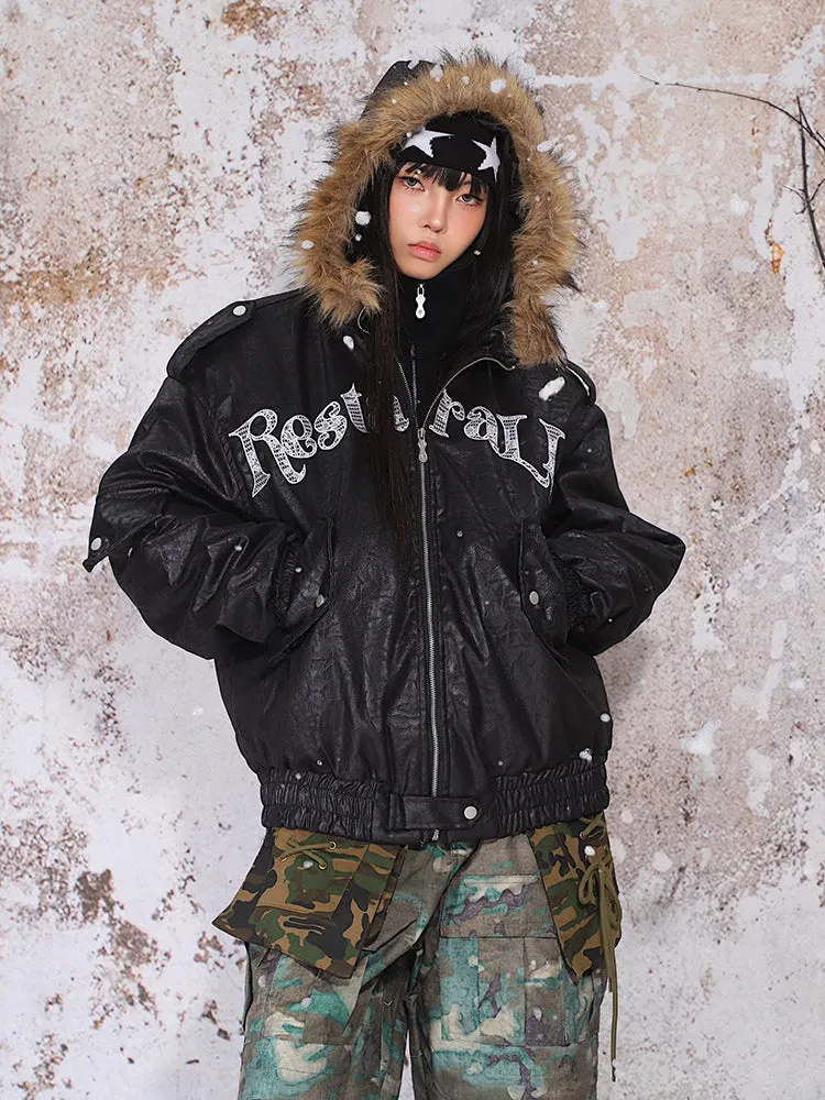 【24s Nov.】Fur Collar Leather Hooded Lace Lettering Cotton Jacket