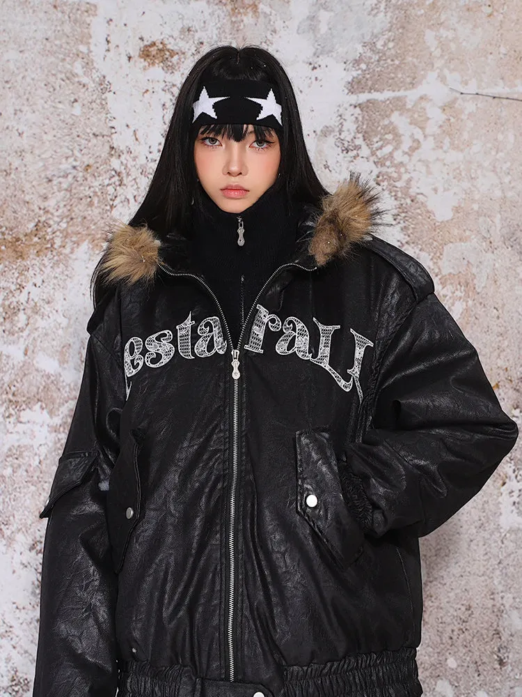 【24s Nov.】Fur Collar Leather Hooded Lace Lettering Cotton Jacket