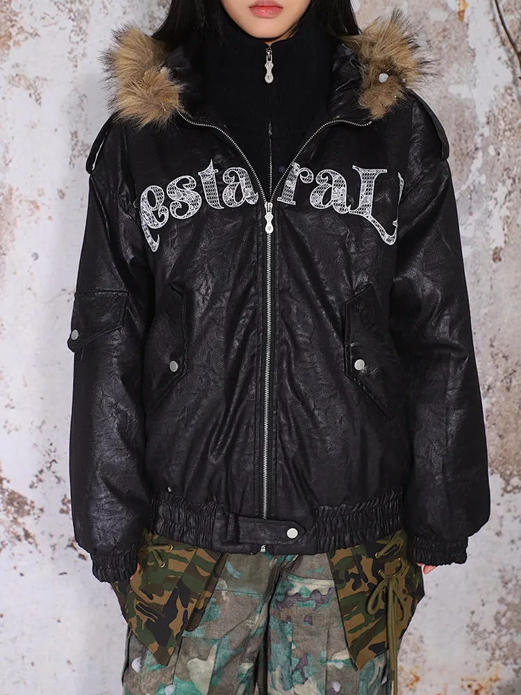 【24s Nov.】Fur Collar Leather Hooded Lace Lettering Cotton Jacket