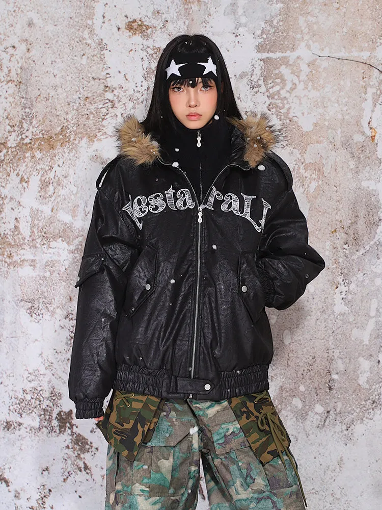 【24s Nov.】Fur Collar Leather Hooded Lace Lettering Cotton Jacket