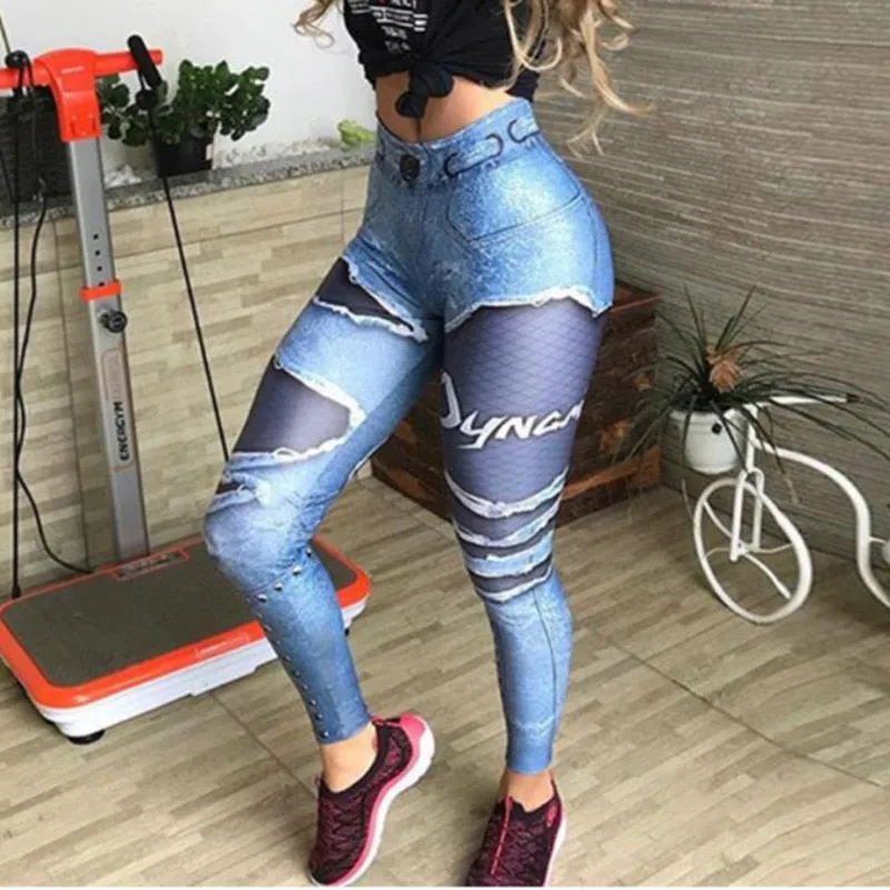 3D Printed Fake Denim Mesh Skinny Pants