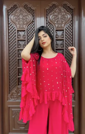 Aarti Singh in Fuchsia Jumpsuit with Ruffle Poncho