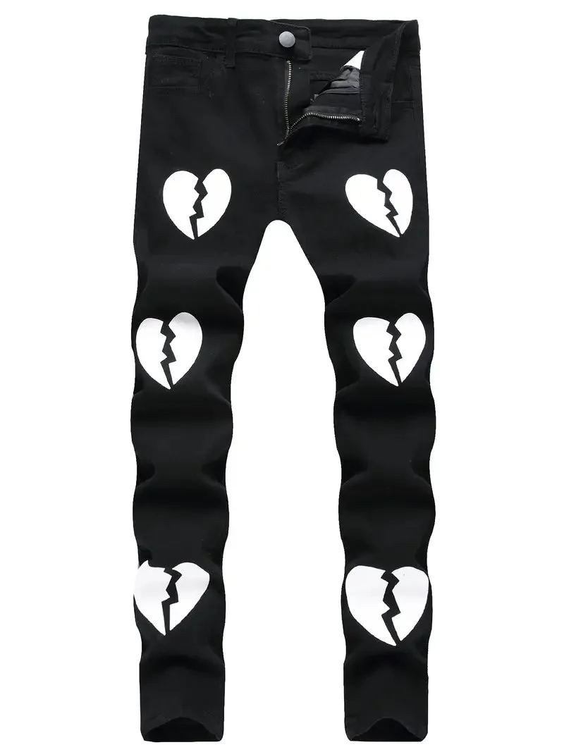 Aesthetic Harajuku Y2K Broken Heart Printed Streetwear Regular Fit Black Denim Jeans For Mens