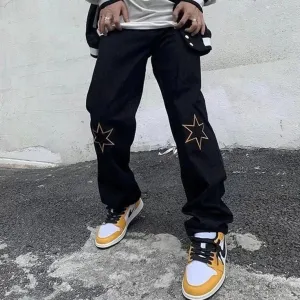 Aesthetic Y2K Star Prited Straight Fit Streetwear Harajuku Black Denim Jeans For Men Women