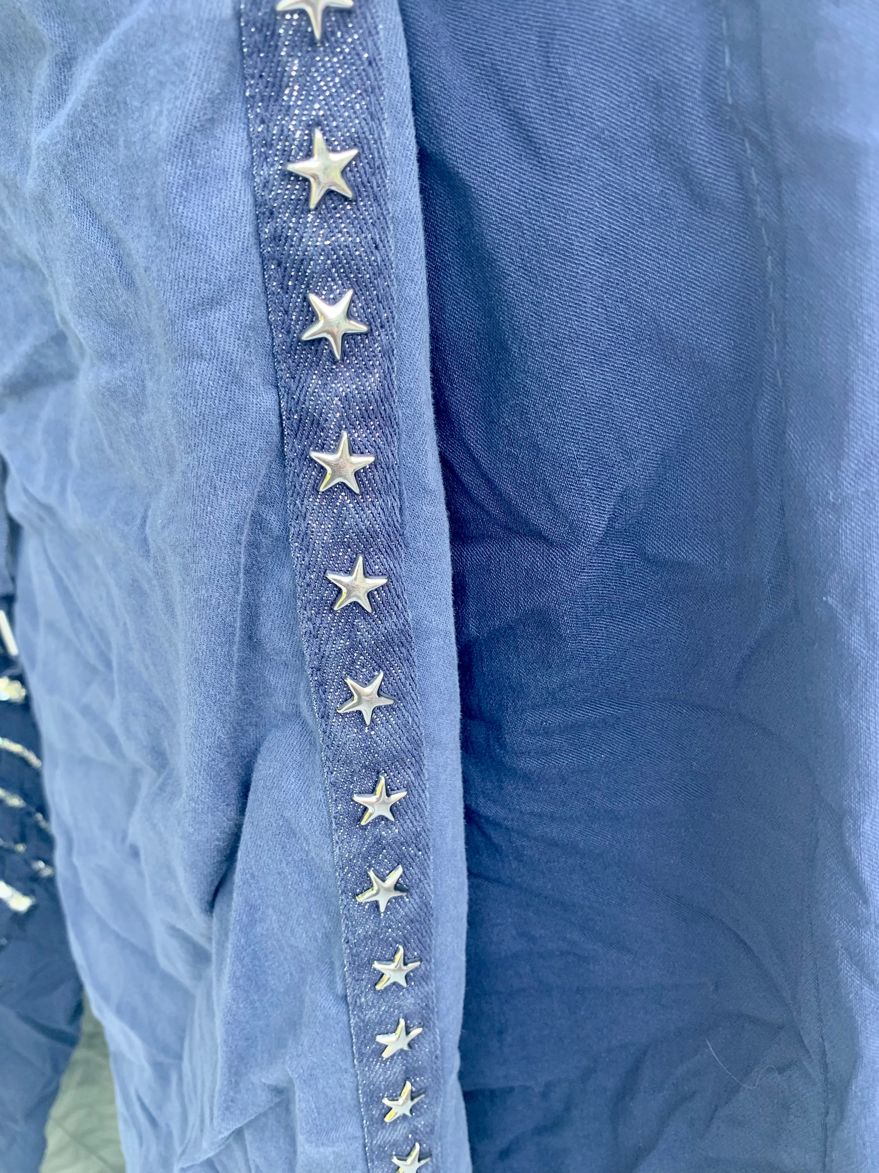 Amazing Woman Crinkle Jeans in Navy with Draw String Waist With Silver Star Stud Side Detail One Size