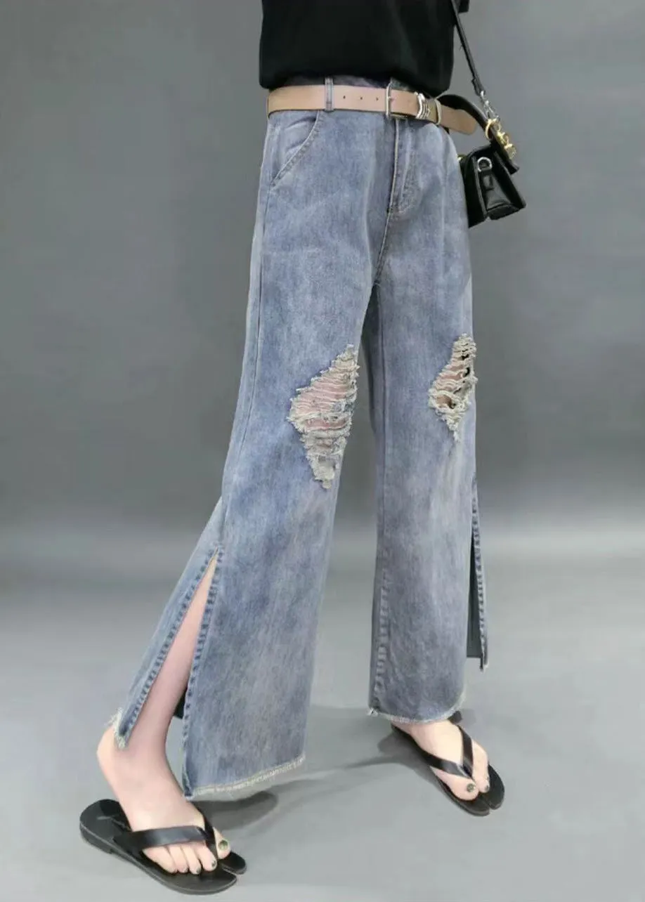 Beautiful Denim Blue High Waist Hole Pockets Side Open Cotton Straight Pants