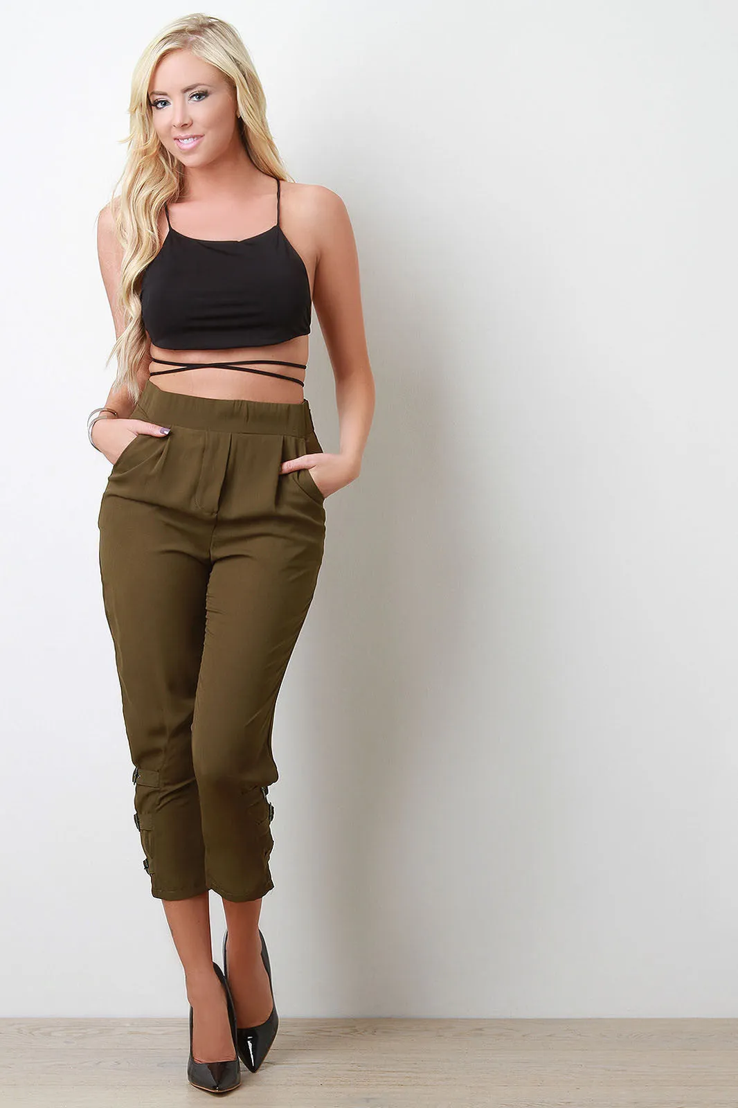 Belted Legs Chiffon Capri Pants