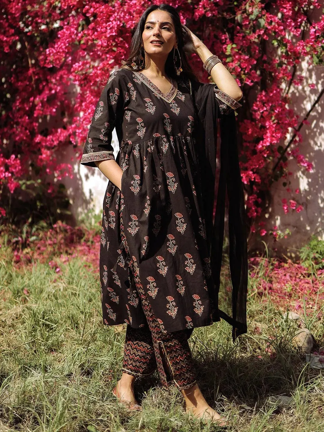 Black Printed Cotton A-Line Kurta With Trousers & Dupatta