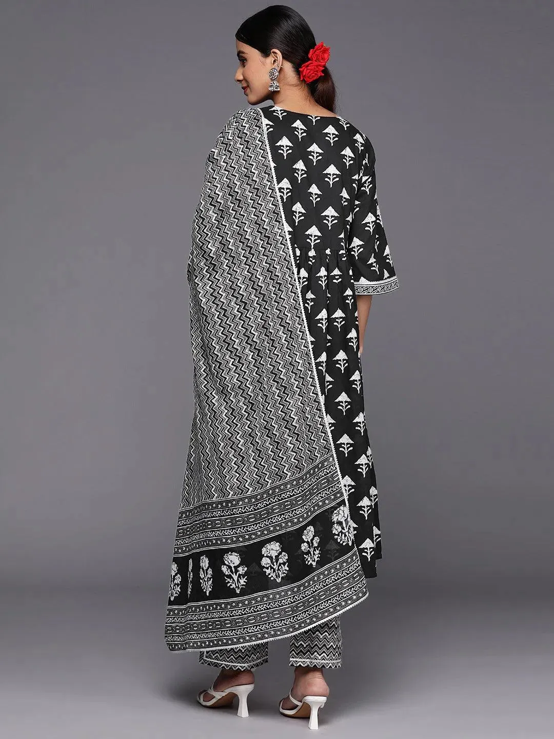 Black Printed Cotton A-Line Kurta With Trousers & Dupatta