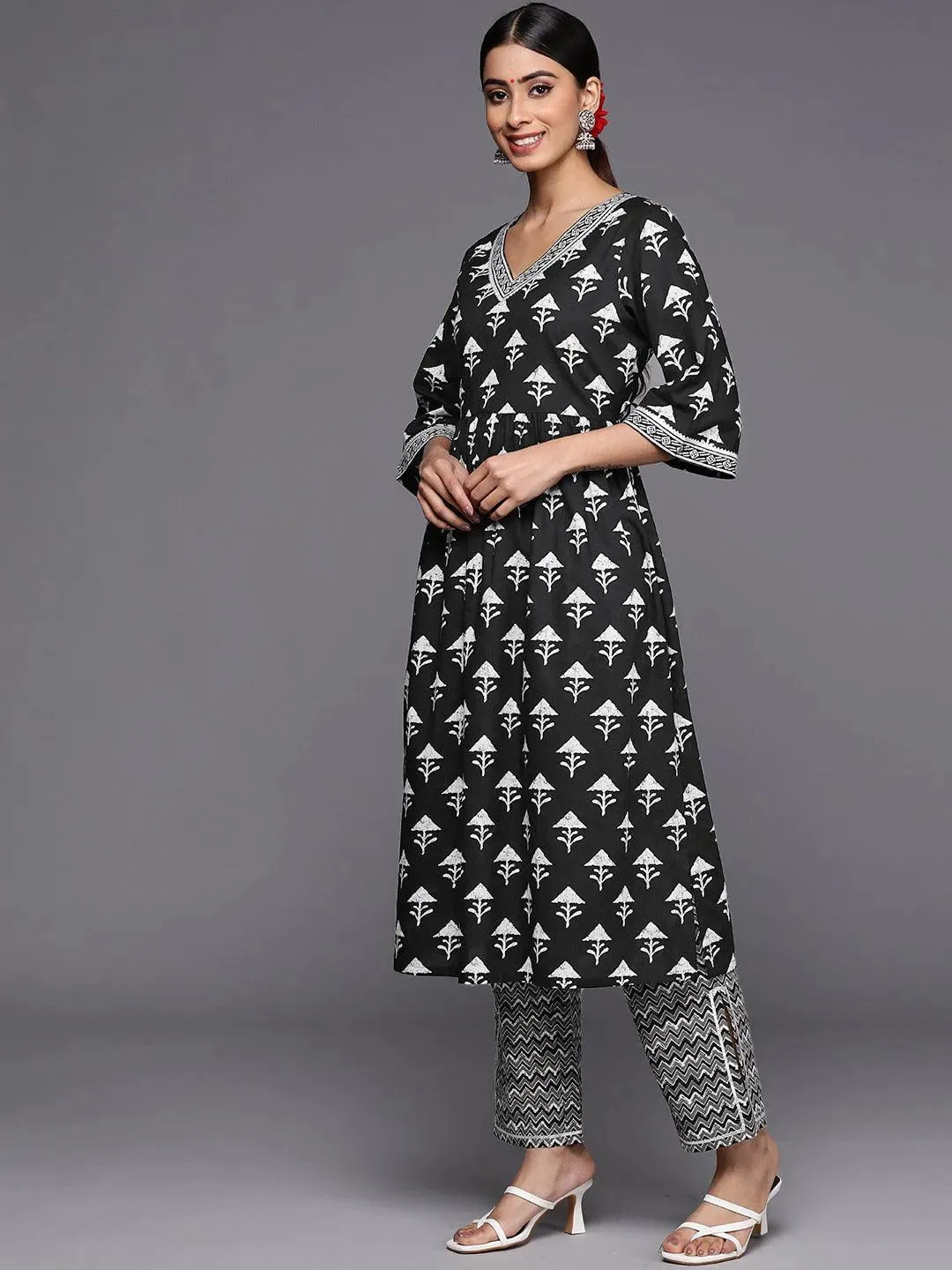 Black Printed Cotton A-Line Kurta With Trousers & Dupatta