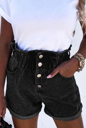 Black Ruffled High Waist Buttoned Denim Shorts