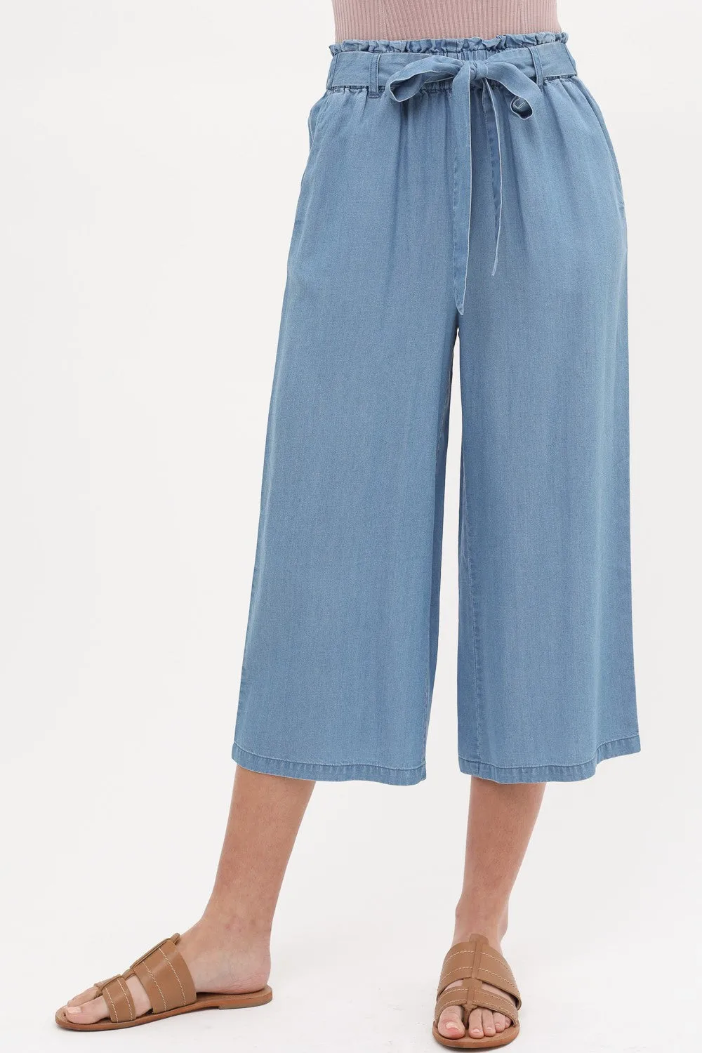 Blue High Rise Tie Waist Tencel Paperbag Pants