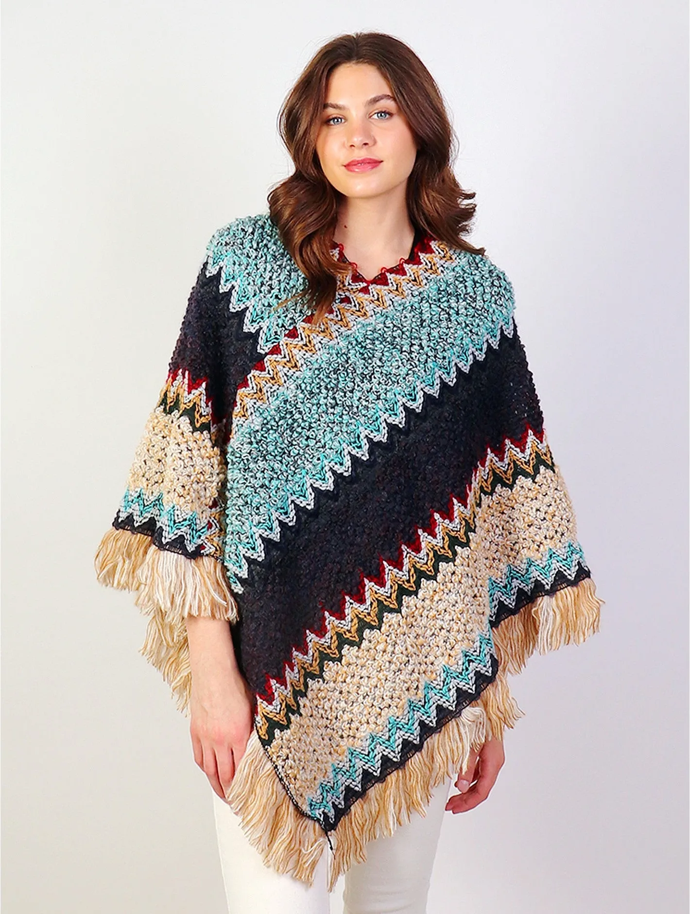 Boho Aztec Poncho with Friges