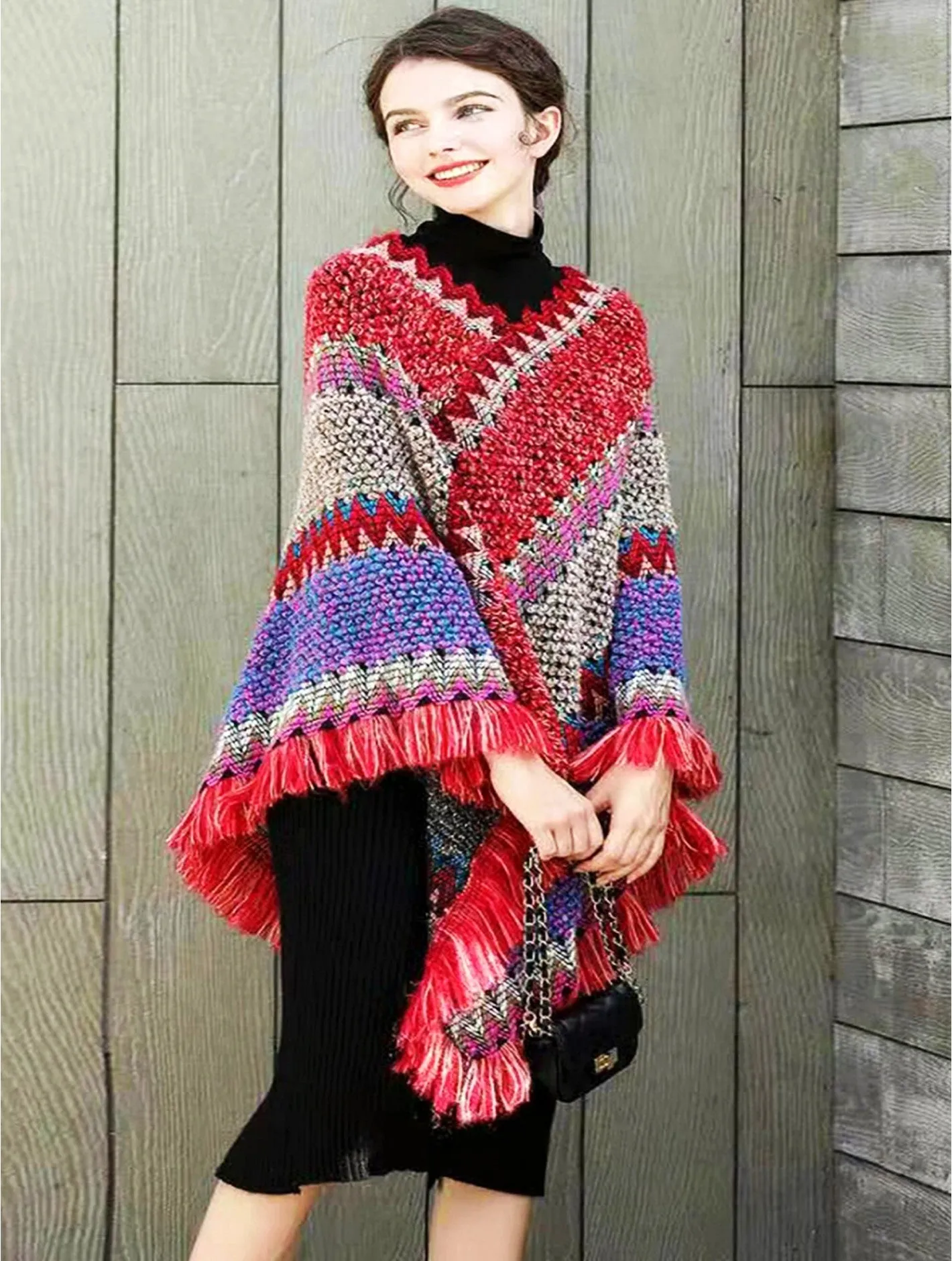 Boho Aztec Poncho with Friges