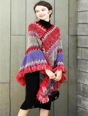 Boho Aztec Poncho with Friges