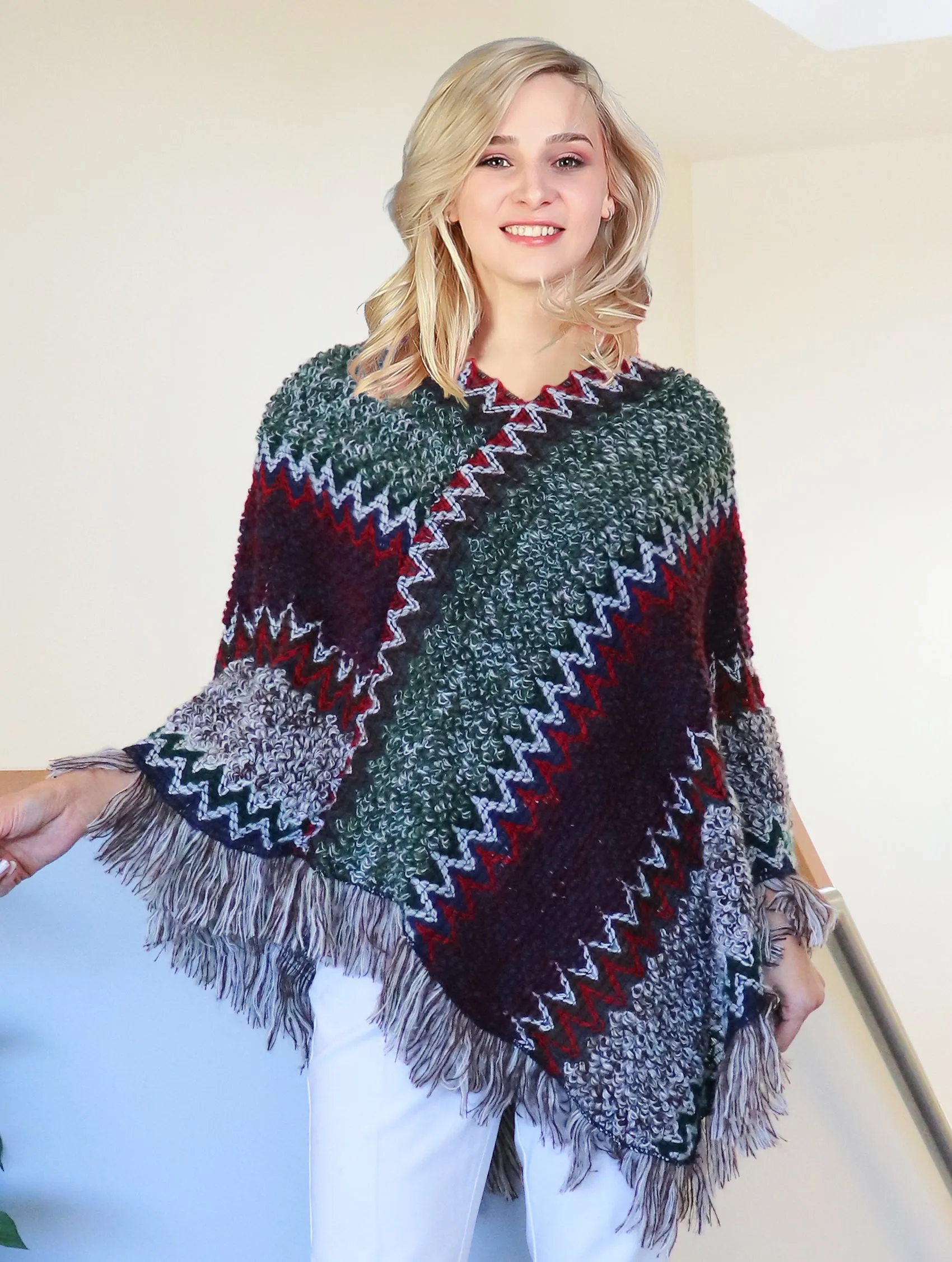 Boho Aztec Poncho with Friges