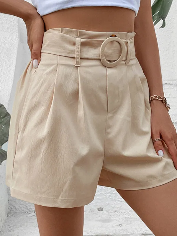 Boho Khaki High Waist Pleated Casual Shorts