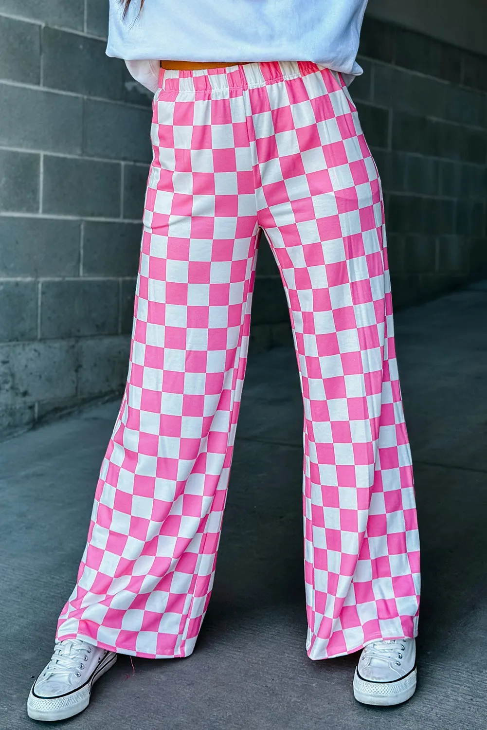 Bonbon Checkered Print High Waist Wide Leg Pants