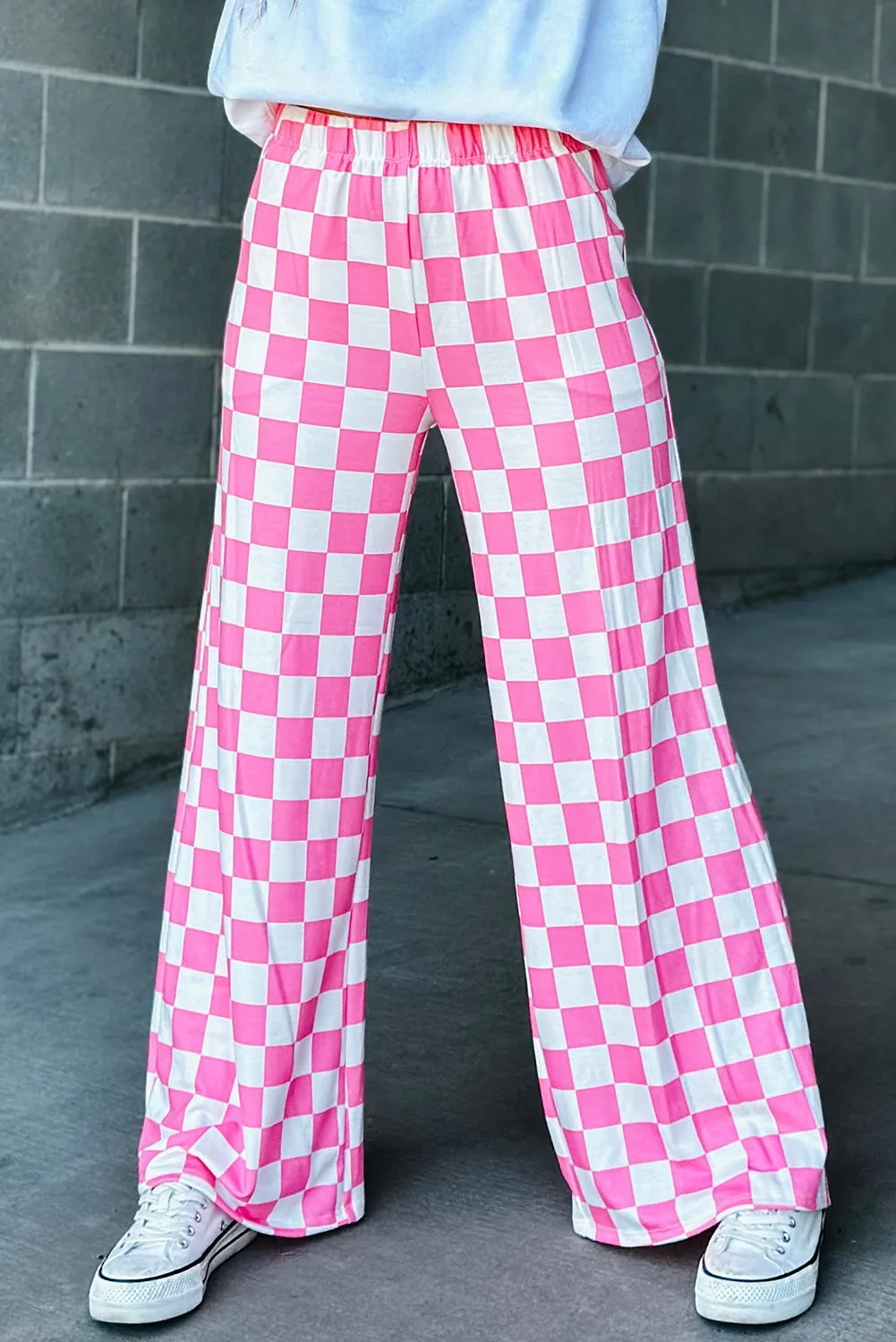 Bonbon Checkered Print High Waist Wide Leg Pants