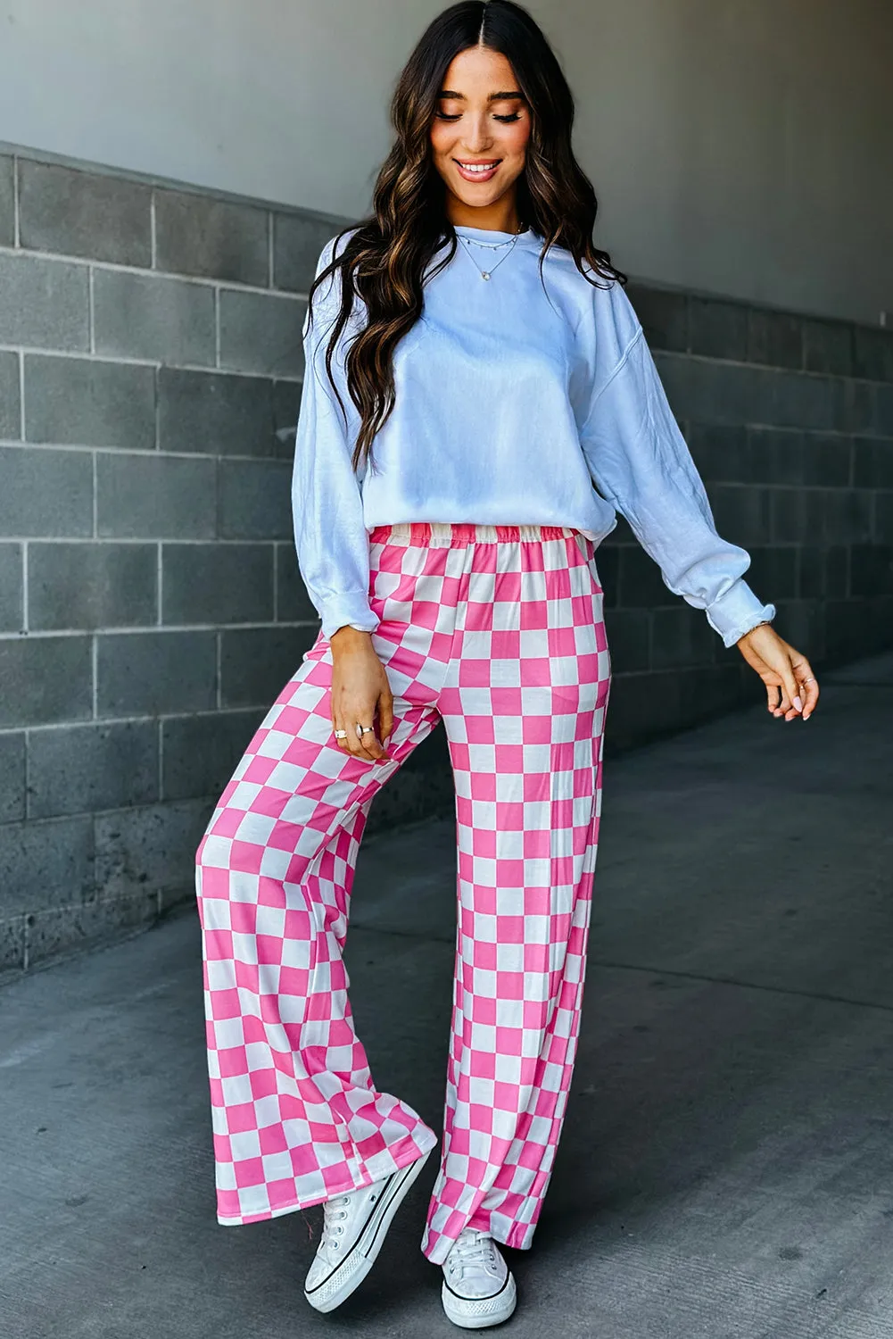 Bonbon Checkered Print High Waist Wide Leg Pants