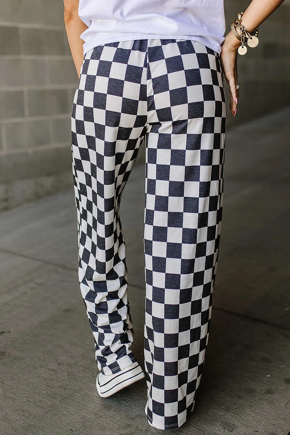 Bonbon Checkered Print High Waist Wide Leg Pants