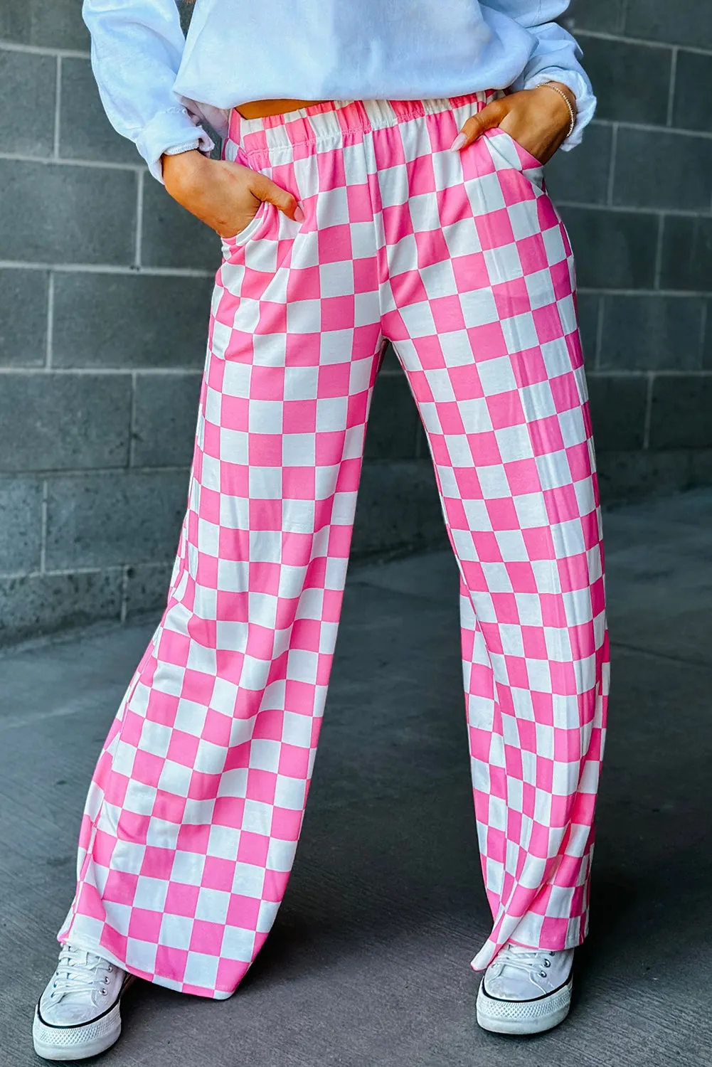 Bonbon Checkered Print High Waist Wide Leg Pants