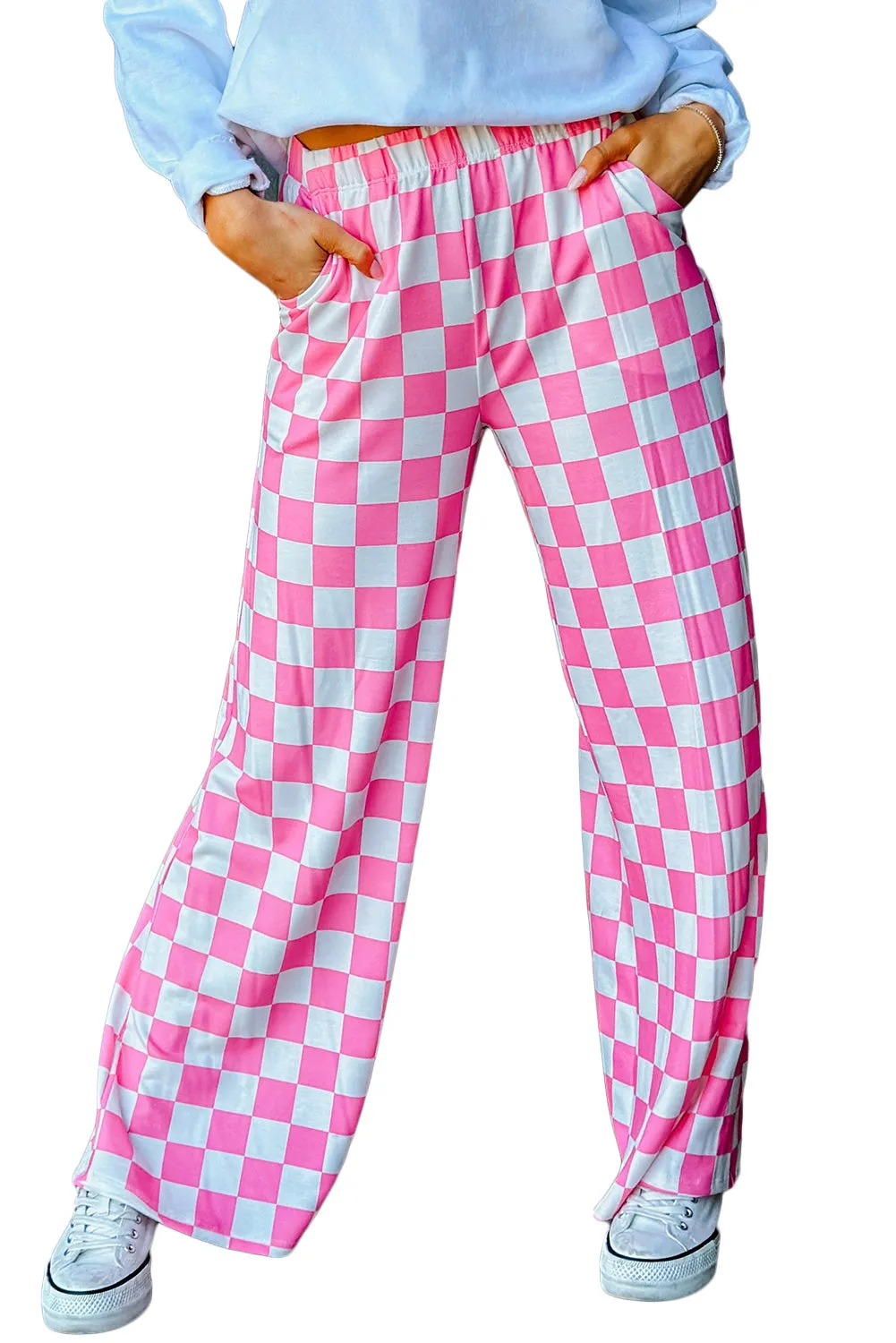 Bonbon Checkered Print High Waist Wide Leg Pants