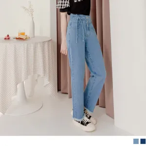 BOW HIGH WAIST FRAYED HEM DENIM PANTS