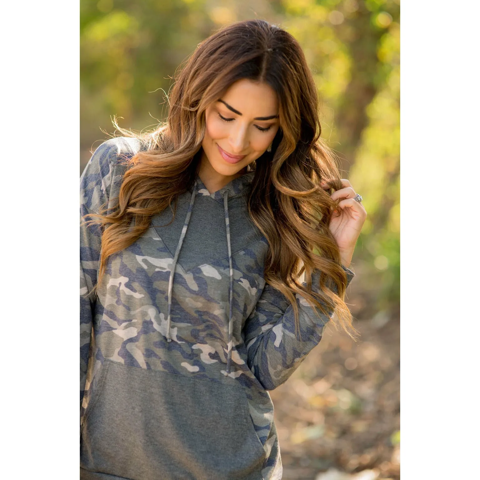 Camo Printed Solid Accented Hoodie