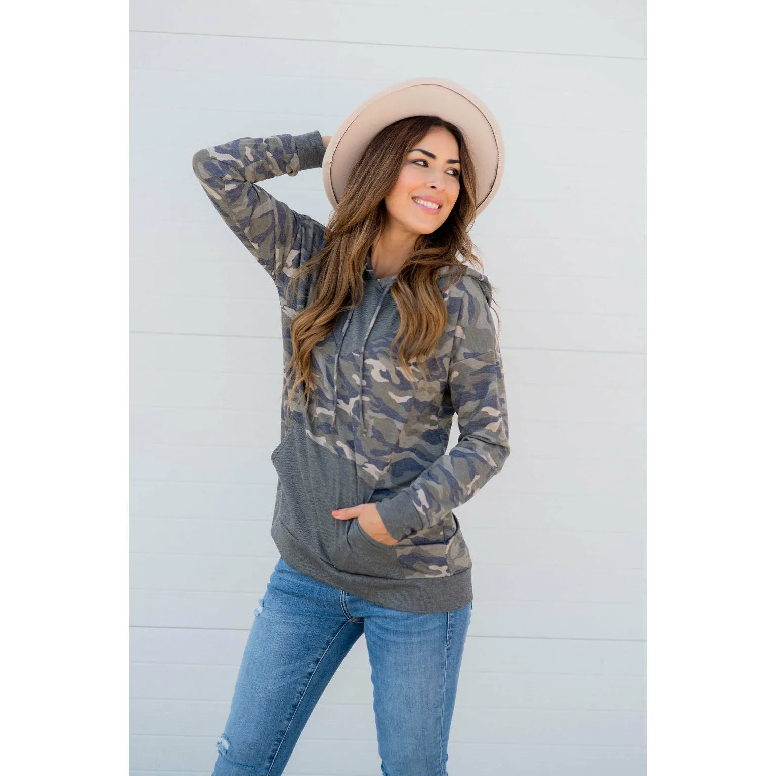 Camo Printed Solid Accented Hoodie