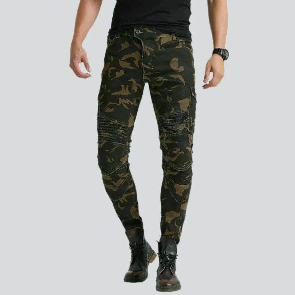 Camouflage print men's moto jeans