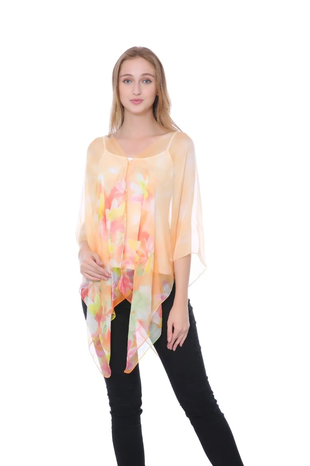 Casaba Womens Floral Sheer Poncho Top Kimono Cover Up-Chiffon Feel Light Wrap