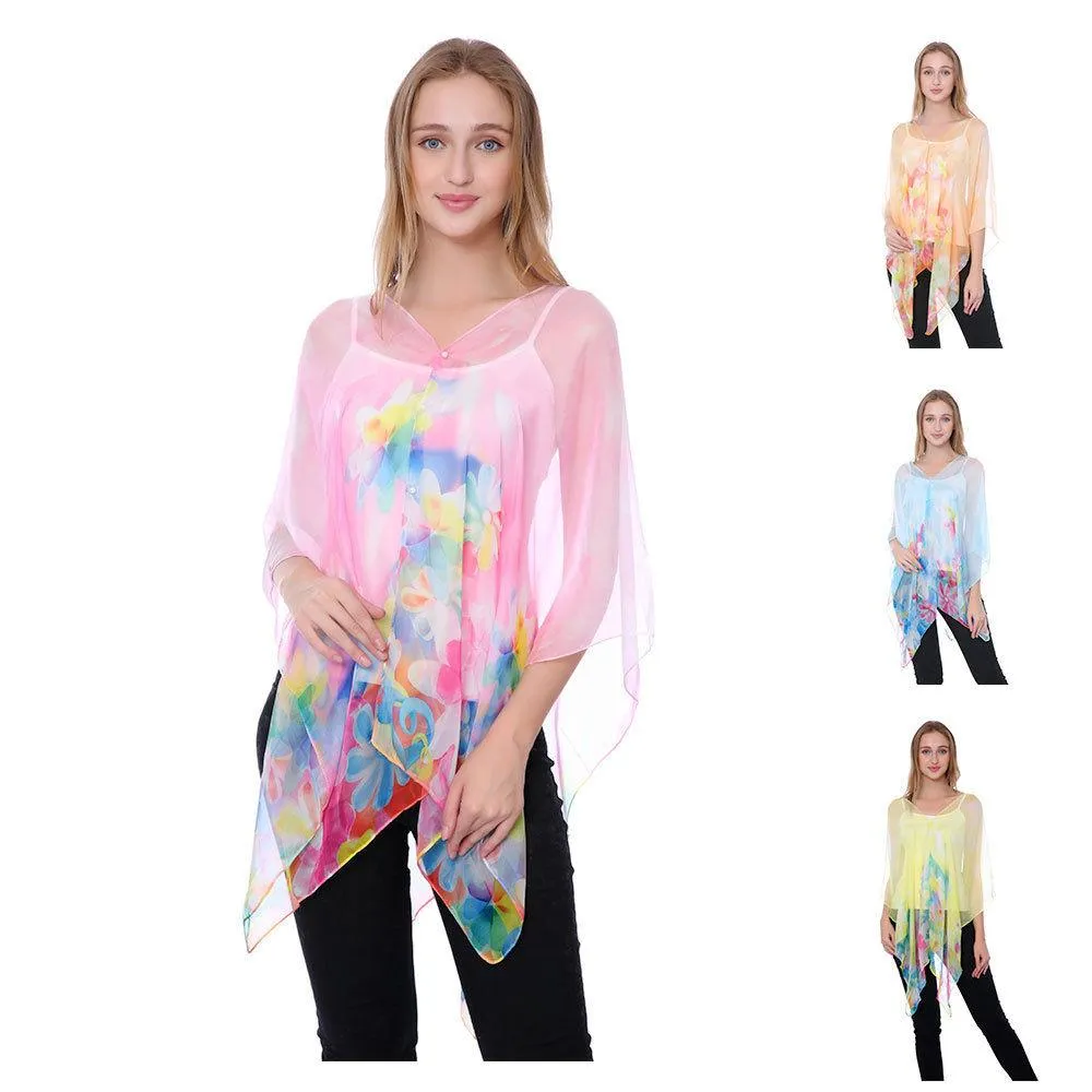 Casaba Womens Floral Sheer Poncho Top Kimono Cover Up-Chiffon Feel Light Wrap