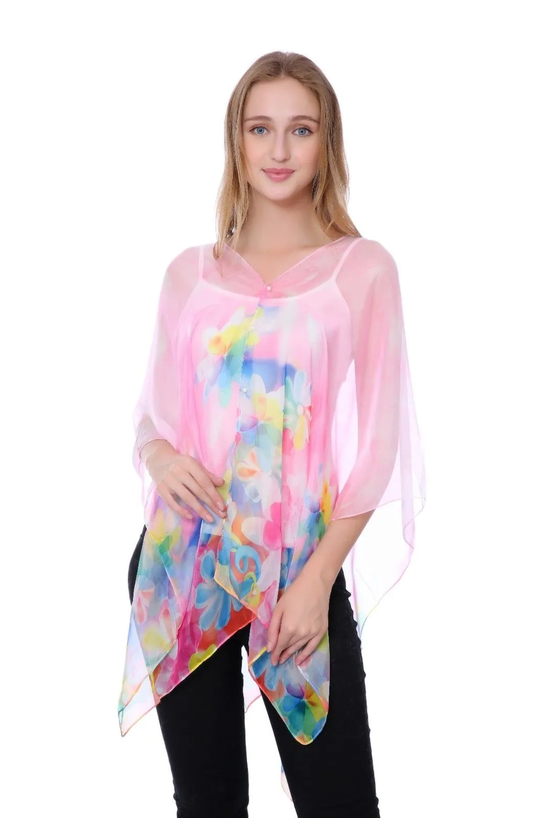 Casaba Womens Floral Sheer Poncho Top Kimono Cover Up-Chiffon Feel Light Wrap