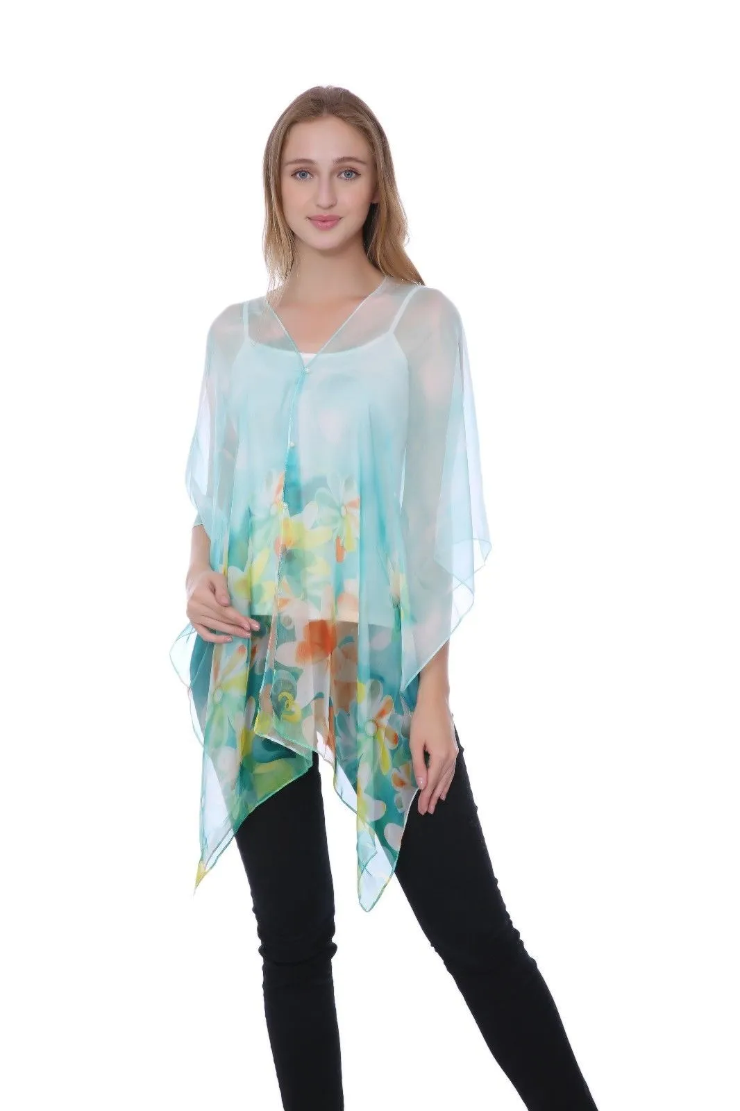 Casaba Womens Floral Sheer Poncho Top Kimono Cover Up-Chiffon Feel Light Wrap