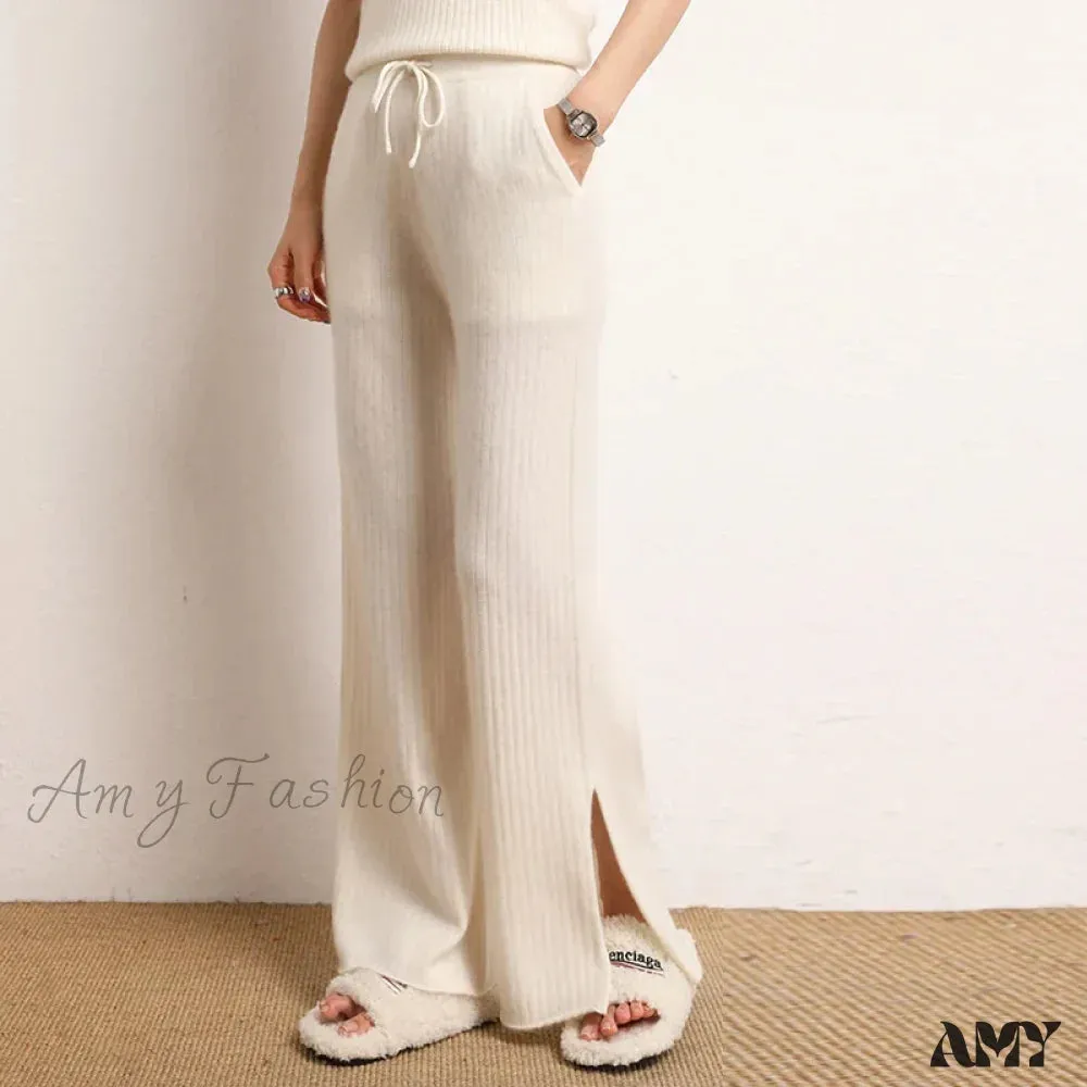 Cashmere Side Slit Wide Leg Warm High-Quality Pants