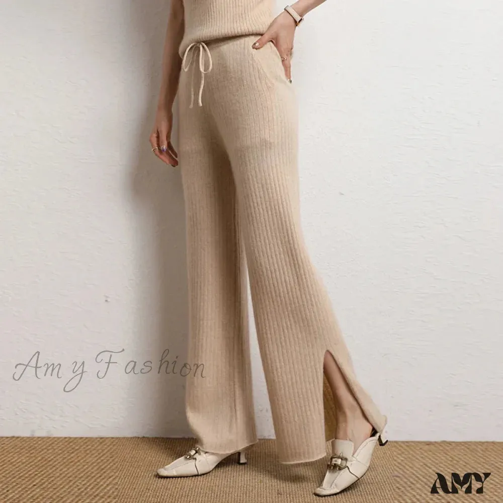 Cashmere Side Slit Wide Leg Warm High-Quality Pants