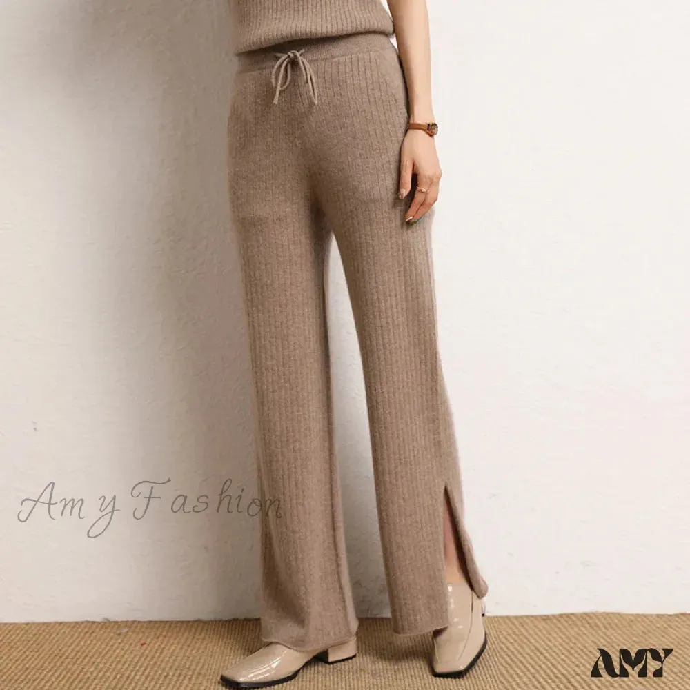 Cashmere Side Slit Wide Leg Warm High-Quality Pants