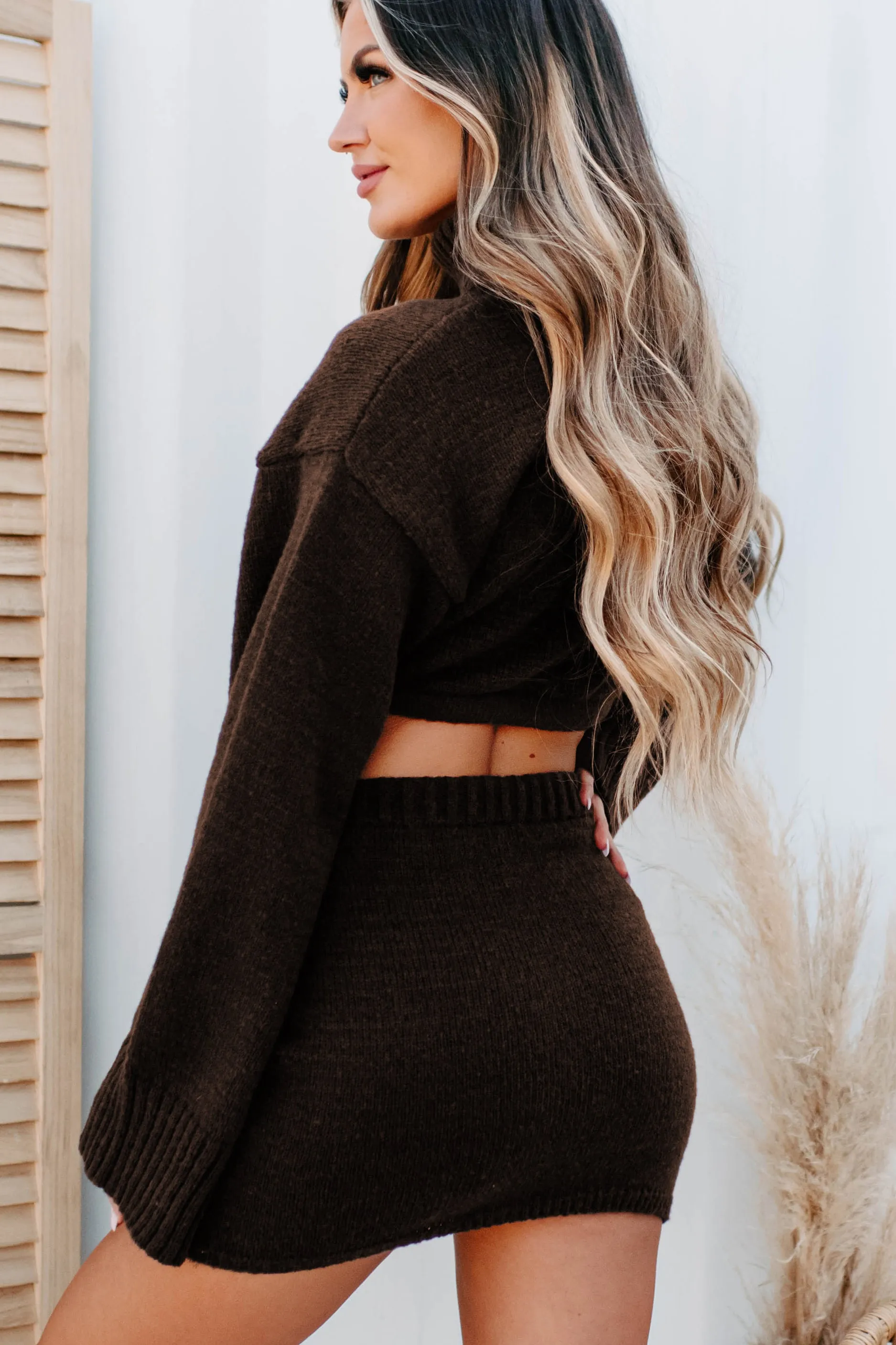 Change In The Weather Sweater Knit Crop Top & Skirt Set (Dark Chocolate)