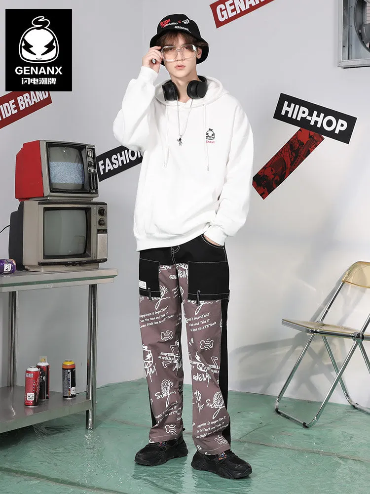 Color Block Spliced Print Loose Straight Pants