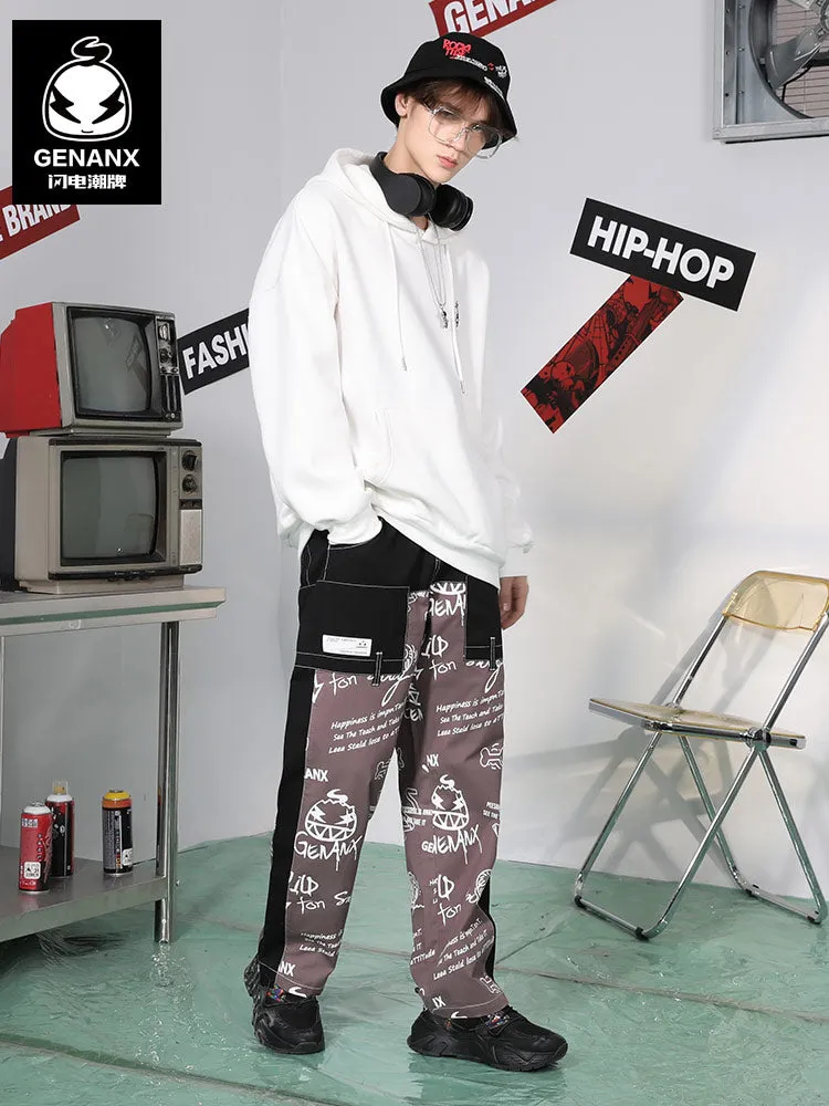 Color Block Spliced Print Loose Straight Pants