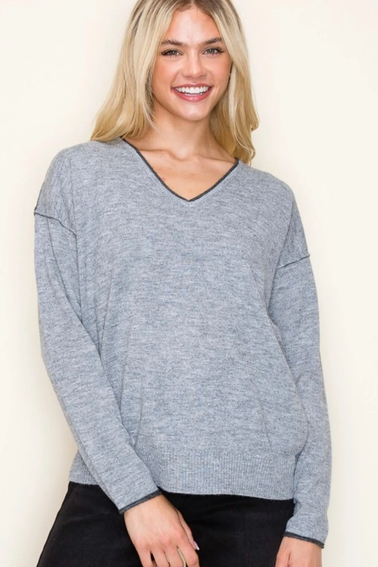 Contrast Rib Vneck Pullovers - 3 Colors!