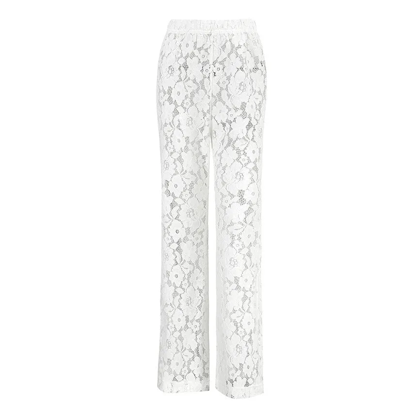 Cotton Lace White Jacquard High Waist Palazzo Pants