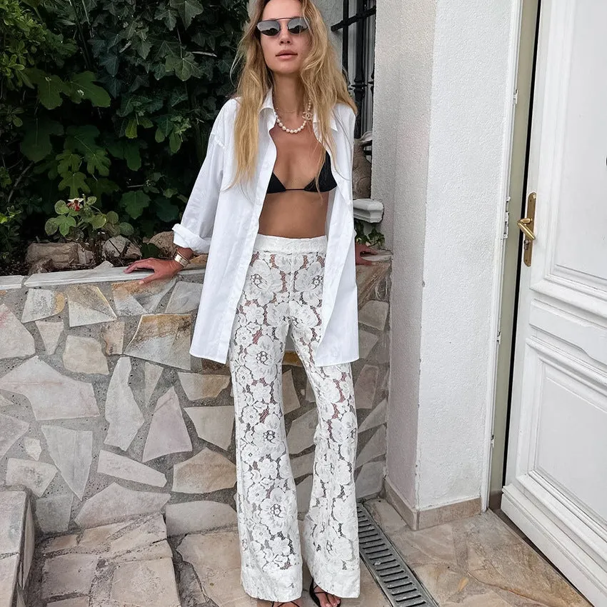 Cotton Lace White Jacquard High Waist Palazzo Pants