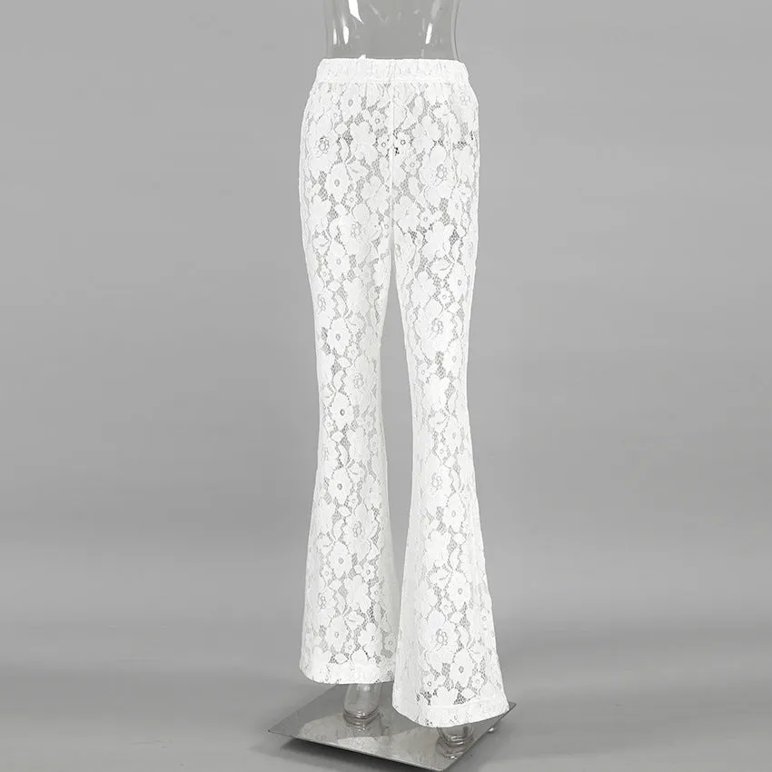 Cotton Lace White Jacquard High Waist Palazzo Pants