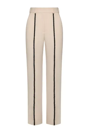 CREAM FUZZY DETAILS STRAIGHT LEG PANTS