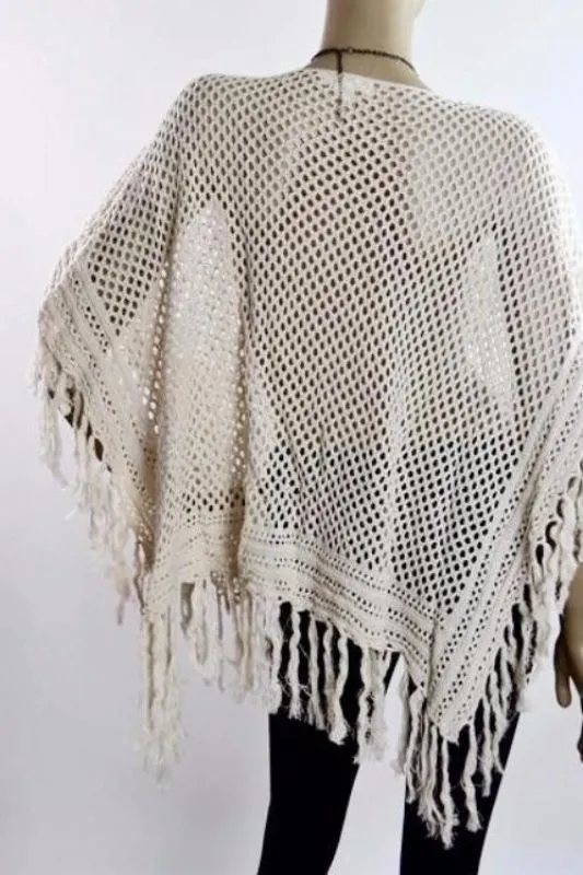 Crochet Bib Shaggy Fringe Poncho - Cream