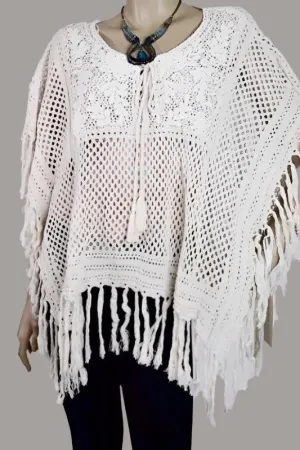 Crochet Bib Shaggy Fringe Poncho - Cream